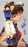  1boy absurdres alternate_eye_color blue_eyes brown_hair chain chris dark_persona fire grin highres jewelry king_of_fighters necklace purple_fire redhead short_hair shorts smile solo spade-m 