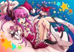 1girl blue_eyes box claws detached_sleeves dress fang fate/extra_ccc fate_(series) hair_ribbon high_heels horns kangakuraku12 lancer_(fate/extra_ccc) long_hair microphone pink_hair pointy_ears ribbon sack solo tail two_side_up 
