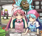  apron aura blush bowl cooking_pot hata_no_kokoro hijiri_byakuren kasodani_kyouko kumoi_ichirin long_hair mask multiple_girls saucepan seiza sitting touhou umigarasu_(kitsune1963) wink 