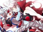  1boy 1girl ahoge blazblue bodysuit cape carrying eyepatch kuro_yuzu nu-13 princess_carry ragna_the_bloodedge smile 