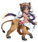  1girl animal_ears anklet bikini_top black_hair brown_eyes dark_skin detached_sleeves dual_wielding flat_chest highres jewelry knife monster_girl navel original paws payot ringo_yuyu scarf short_hair solo sphinx tail 