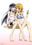  2girls :d absurdres arm_support artist_request bare_shoulders barefoot bikini blonde_hair blue_bikini bracelet breasts casual_one-piece_swimsuit charlotte_dunois cleavage eyepatch feet fingernails full_body gradient gradient_background highres infinite_stratos jewelry laura_bodewig long_fingernails multiple_girls necklace one-piece_swimsuit open_mouth red_eyes scan sharing_food silver_hair simple_background smile swimsuit thigh_strap tongue tongue_out violet_eyes 