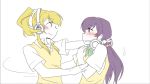 2girls ^_^ artist_name artist_request ayase_eli background blush bow closed_eyes comic crying embarrassed happy hug long_hair love_live!_school_idol_project multiple_girls multiple_tails open_mouth ponytail school_uniform skirt smile tail toujou_nozomi trembling yuri 