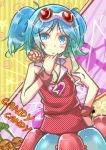  1girl candy goggles goggles_on_head gumi hand_on_hip highres hua lollipop solo vocaloid 