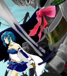  1girl blue_eyes blue_hair cape gloves hair_ornament hairclip highres magical_girl mahou_shoujo_madoka_magica miki_sayaka oktavia_von_seckendorff short_hair spoilers sword syuichi weapon white_gloves 