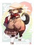  1girl animal_ears blush brown_hair centaur green_eyes hat horse_ears kito_(sorahate) looking_at_viewer monster_girl open_mouth original scarf short_hair solo tail 
