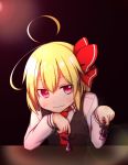  1girl ahoge blonde_hair blouse chess_piece earlgrey hair_ribbon looking_at_viewer necktie red_eyes ribbon rumia short_hair smile solo touhou vest 