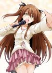  1girl :d bibi brown_eyes brown_hair cardigan hair_ribbon jewelry long_hair microphone necklace ogiso_setsuna open_mouth ribbon skirt smile solo two_side_up white_album white_album_2 