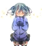  1girl black_legwear blush closed_eyes ene_(kagerou_project) hands_in_sleeves headphones kagerou_project long_hair long_sleeves petals skirt smile thighhighs twintails yuuuuri 