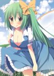  1girl :q blush bow breasts cleavage daiyousei dress green_eyes green_hair hair_bow large_breasts long_hair looking_at_viewer oniku-chan side_ponytail smile solo tongue touhou wings 