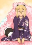  1girl animal_ears araiguma-san blonde_hair japanese_clothes kimono obi original raccoon_ears raccoon_tail red_eyes seiza short_hair sitting solo tail tsukudani_(coke-buta) 
