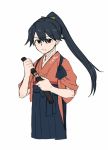  1girl black_hair hakama houshou_(kantai_collection) japanese_clothes kantai_collection kimono knife long_hair personification pleated_skirt ponytail skirt solo tasuki torinone 
