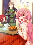  1boy 2girls angel_beats! bowl food fruit iwasawa kotatsu long_hair mandarin_orange matsushita multiple_girls nananeko pink_hair red_eyes redhead short_hair table yui_(angel_beats!) 