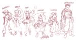  3boys 3girls brandy_(musashiden) brave_fencer_musashiden character_name double_bun jean_walker katana liquor_(musashiden) miyamoto_musashi monochrome multiple_boys multiple_girls robert_porter sasaki_kojirou sketch sword topo weapon 