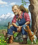  beard cat facial_hair farmer male matataku mountain mustache old_man original signature sitting sky tree 