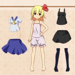  1girl ascot blonde_hair bloomers cato_(monocatienus) hair_ribbon paper_doll red_eyes ribbon rumia school_uniform serafuku skirt smile solo thighhighs touhou underwear 