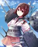  1girl armor brown_eyes brown_hair cannon hyuuga_(kantai_collection) kantai_collection looking_at_viewer short_hair skirt smile solo uiroutsuji_yumihiko 