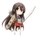  1girl akagi_(kantai_collection) bow_(weapon) brown_eyes brown_hair highres japanese_clothes kantai_collection long_hair moegi_nenene muneate personification solo thighhighs weapon white_background white_legwear 