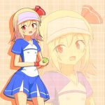  1girl ball blonde_hair cap cato_(monocatienus) contemporary hair_ribbon red_eyes ribbon rumia solo sportswear tennis_ball tennis_uniform touhou zoom_layer 