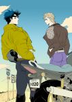  2boys ass black_hair blonde_hair blue_hair brown_hair caesar_anthonio_zeppeli jacket jojo_no_kimyou_na_bouken joseph_joestar_(young) leather_jacket motor_vehicle motorcycle multiple_boys sign sklpo vehicle 