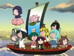  1boy 6+girls animal_ears asymmetrical_wings beard bishamonten&#039;s_pagoda black_dress black_hair blonde_hair blue_hair boat brown_eyes capelet chibi chibi_on_head closed_eyes clouds dowsing_rod dragon_ball dress facial_hair fang flower flying flying_boat futatsuiwa_mamizou gem glasses gradient_hair green_hair grey_hair hair_ornament hijiri_byakuren hood houjuu_nue jewelry kasodani_kyouko kumoi_ichirin layered_dress lily_white lotus mouse_ears mouse_tail multicolored_hair multiple_girls murasa_minamitsu nazrin necklace pendant pince-nez pipe purple_hair raccoon_ears raccoon_tail rakugaki-biyori sail sailboat sailor_collar shirt shorts sitting skirt sky smile solid_circle_eyes tail tiger_print toramaru_shou touhou unzan white_dress wings 