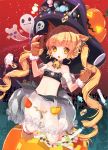  1girl :o bandeau bell blonde_hair candy choker drill_hair fence ghost gloves halloween jack-o&#039;-lantern jingle_bell lollipop long_hair mintchoco moriah_saga no_panties official_art paws ribbon_choker see-through skirt sky solo star_(sky) starry_sky twin_drills very_long_hair yellow_eyes 