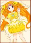  1girl absurdres bed boots brooch bubble_skirt choker circlet cure_muse_(yellow) cushion dress frills glasses hair_ribbon heart highres jewelry long_hair lying magical_girl orange_hair precure ribbon shirabe_ako smile solo suite_precure violet_eyes yellow_dress 