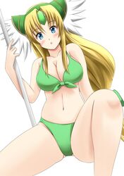  1girl bikini blonde_hair blue_eyes breasts cleavage fuuma_nagi long_hair low-tied_long_hair pole riesz seiken_densetsu seiken_densetsu_3 solo swimsuit 