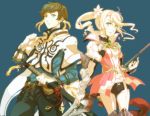  1boy 1girl alicia_(tales) blonde_hair blue_background brown_hair buruma capelet gauntlets green_eyes hara_hikaru pants polearm short_hair side_ponytail slay_(tales) spear sword tales_of_(series) tales_of_zestiria thigh_strap thighhighs weapon 