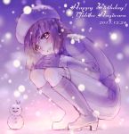  1girl blush boots brown_hair coat gloves hagiwara_yukiho happy_birthday hat high_heels idolmaster smile snowman solo squatting yuurinmoku 