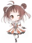  1girl ahoge akaki_aoki antenna_hair brown_eyes brown_hair chibi double_bun gloves idol kantai_collection microphone naka_(kantai_collection) open_mouth personification school_uniform serafuku short_hair skirt smile solo thighhighs white_legwear wink 