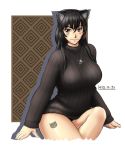  1girl animal_ears black_hair black_panties blush breasts cat_ears dated jewelry large_breasts long_hair necklace no_pants panties ribbed_sweater sitting smile solo sweater taikyokuturugi underwear 