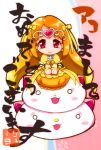  1girl bow brooch bubble_skirt chibi circlet cure_muse_(yellow) dress hair_bow heart hummy_(suite_precure) iruka-margarine jewelry long_hair magical_girl orange_dress orange_hair pink_eyes precure shirabe_ako smile solo suite_precure 