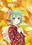  1girl alternate_costume blush bust floral_print flower green_eyes green_hair hair_flower hair_ornament hands_on_own_chest highres japanese_clothes kimono long_sleeves looking_at_viewer multicolored_background parted_lips reimei_(r758120518) short_hair soga_no_tojiko solo touhou 