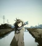  1girl :d bridge brown_hair cityscape closed_eyes coat hanno open_mouth original power_lines river scarf scenery smile wind 