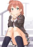  1girl brown_hair green_eyes hair_bun holding_head kneehighs miri_(ago550421) school_uniform short_hair skirt smile solo stairs yahari_ore_no_seishun_lovecome_wa_machigatteiru. yuigahama_yui 