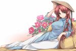  1girl alternate_costume blush bow braid breasts china_dress chinese_clothes green_eyes hair_bow hat hong_meiling long_hair moneti_(daifuku) redhead smile solo touhou twin_braids 