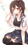  1girl black_legwear breasts brown_eyes brown_hair character_name cleavage japanese_clothes kaga_(kantai_collection) kantai_collection kasu_(return) muneate open_mouth personification short_hair side_ponytail smile solo thighhighs torn_clothes 
