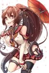  1girl anchor bare_shoulders black_legwear brown_eyes brown_hair detached_sleeves hair_ornament highres kantai_collection long_hair looking_at_viewer open_mouth oriental_umbrella ponytail single_thighhigh skirt smile solo thighhighs umbrella very_long_hair yamato_(kantai_collection) yuya_(night_lily) 