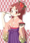  1girl bowl chopsticks dripping food hair_ornament japanese_clothes long_hair mahou_shoujo_madoka_magica mochi ponytail red_eyes redhead sakura_kyouko solo tsubaki_(tatajd) wagashi 