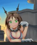  1girl arm_support blush breasts brown_hair gloves green_eyes headgear kantai_collection large_breasts looking_at_viewer mutsu_(kantai_collection) nac000 open_mouth personification short_hair smile solo white_gloves 