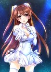  1girl breasts brown_eyes brown_hair choker cleavage dress gloves highres long_hair microphone mintes ogiso_setsuna solo thighhighs two_side_up white_album white_album_2 white_dress white_gloves white_legwear 