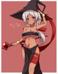  1girl :&lt; bandeau blush breasts dark_skin earrings haniwagi_(hal) hat jewelry large_breasts loincloth navel original pointy_ears red_eyes solo staff underboob white_hair witch_hat wristband 