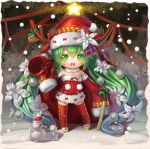  1girl bell chibi christmas detached_sleeves green_eyes green_hair hat hatsune_miku kayi long_hair open_mouth reindeer_antlers sack santa_costume santa_hat sleeves_past_wrists snow solo spring_onion star thighhighs twintails very_long_hair vocaloid 