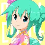  1girl 2014 aqua_hair blush flower green_eyes hair_flower hair_ornament hatsune_miku japanese_clothes kimono looking_at_viewer smile solo toire_komoru twintails vocaloid 