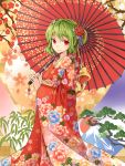  1girl alternate_costume braid floral_print flower green_hair hair_flower hair_ornament hair_up highres japanese_clothes kazami_yuuka kimono long_sleeves looking_at_viewer obi oriental_umbrella red_eyes sash shironeko_yuuki smile solo touhou umbrella wide_sleeves 