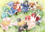  6+girls :p ankle_socks apron arm_holding black_hair blonde_hair blue_eyes blue_hair blush brown_eyes cheek-to-cheek chestnut_mouth cirno daiyousei dress drill_hair eiyuu fairy_maid fairy_wings field flower flower_field flying full-face_blush grass green_eyes green_hair hair_ribbon hat headdress highres holding_hands juliet_sleeves leg_up lily_black lily_white long_hair long_sleeves looking_at_another looking_at_viewer luna_child maid_headdress multiple_girls no_socks obi orange_hair pink_hair puffy_sleeves red_eyes redhead ribbon shoes short_hair short_sleeves side_ponytail skirt skirt_set smile star_sapphire sunny_milk tears tongue touhou twin_drills twintails waist_apron wavy_mouth wings wink 
