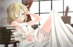  1girl ahoge bed bed_sheet blonde_hair bloomers book_stack camisole child curtains kirisame_marisa lying messy_hair mukai navel on_bed solo strap_slip touhou underwear underwear_only window wink yellow_eyes 