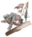  1girl arms_up bike_shorts blush bow_(weapon) brown_eyes brown_hair crossbow flat_chest headband highres kantai_collection looking_at_viewer open_mouth personification pleated_skirt short_hair skirt solo taihou_(kantai_collection) thighhighs weapon 