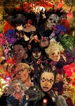  3girls 6+boys aikawa baseball_cap black_hair blonde_hair blood blue_eyes bow brown_eyes caiman card chopsticks chota collarbone dark_skin dorohedoro dumpling earrings eating ebisu_(dorohedoro) en gas_mask gloves grin gyoza_man haru_(dorohedoro) hat heart helmet hidden_eyes highres hood hoodie intestines jewelry jiaozi kai_(dorohedoro) kasukabe_(dorohedoro) knife lizard mask multicolored_hair multiple_boys multiple_girls mushroom noi_(dorohedoro) open_mouth organs pink_hair redhead ring risu_(dorohedoro) scar serious shaded_face sharp_teeth shin_(dorohedoro) skull smile spike spiky_hair surreal tattoo 